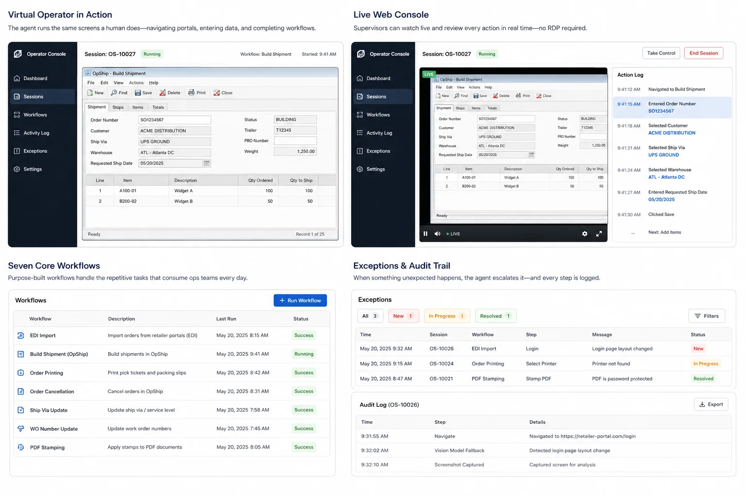 Operator Console showing the virtual operator's live desktop stream and synchronized action log alongside legacy WMS screens