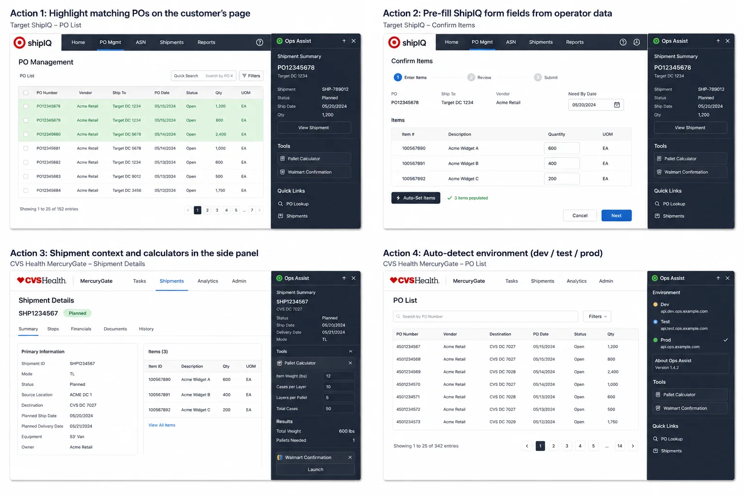 Chrome extension active inside ShipIQ and Amazon Vendor Central, highlighting matching POs and showing shipment data in a docked side panel